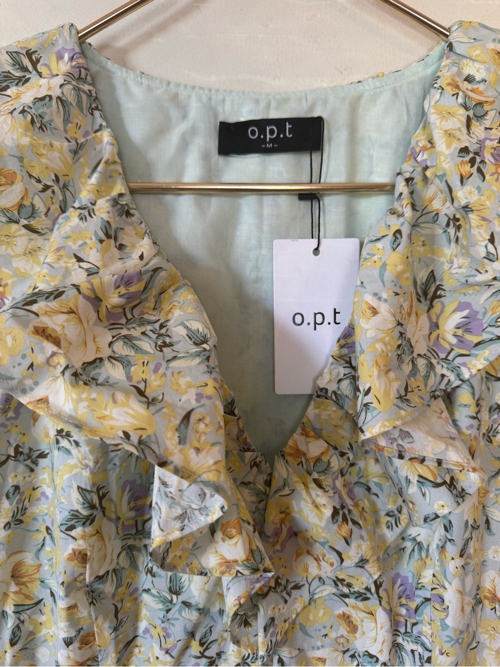 NWT O.P.T. Kate Yellow and Mint Green Floral Ruffle Flitter Sleeve Midi Dress M - Picture 11 of 12